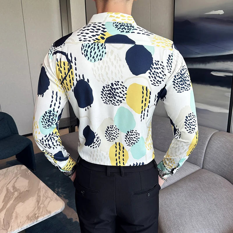 Camisa Coreana Estampada Masculina, Manga Comprida, Fina, Vestido, Festa, Negócios, Social, Boutique, Luxo, Primavera, Outono, 6XL