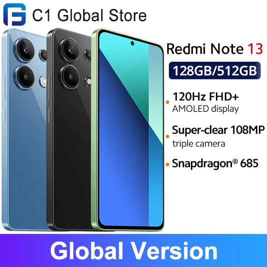 Versão Global Smartphone Xiaomi Redmi Note 13 Snapdragon ®   685 câmera 108MP 120Hz AMOLED display 33W carregando bateria 5000mAh