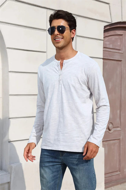 Outono nova camiseta masculina de manga longa casual estilo simples henley pescoço respirável leve algodão topos moda masculina