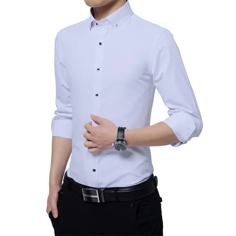Qualidade de luxo masculino diamante botão sólido vestido camisa casual padrão-ajuste confortável macio camisa de manga longa roupas masculinas