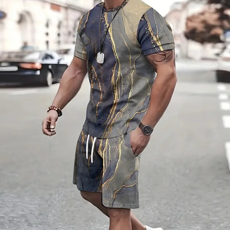 Conjunto de camiseta e shorts estampados em retalhos 3D masculino, traje de treino gola redonda, roupas esportivas casuais, roupas de manga curta, moda verão, 2 peças, 2024