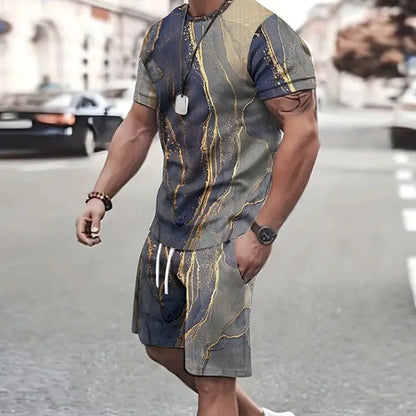 Conjunto de camiseta e shorts estampados em retalhos 3D masculino, traje de treino gola redonda, roupas esportivas casuais, roupas de manga curta, moda verão, 2 peças, 2024