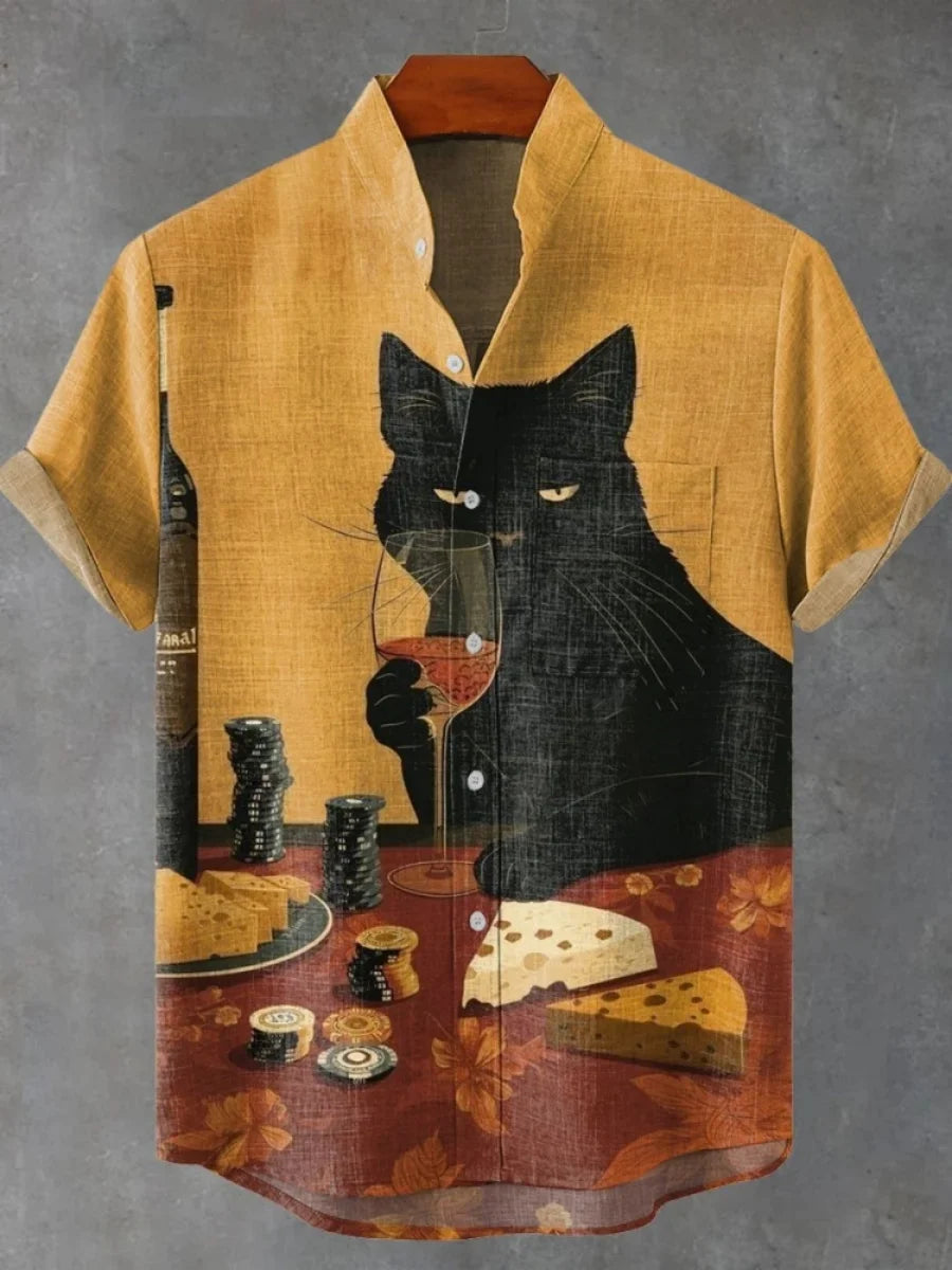 2025 moda casual masculina nova camisa de linho arte impressão bonito gato padrão camisas moda rua casual confortável camisa masculina