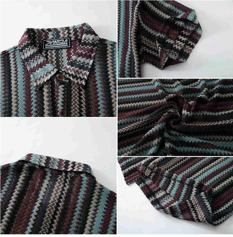 Novo étnico listrado masculino cardigan topos chique oco para fora manga curta casual camisa de renda moda streetwear premium blusa respirável