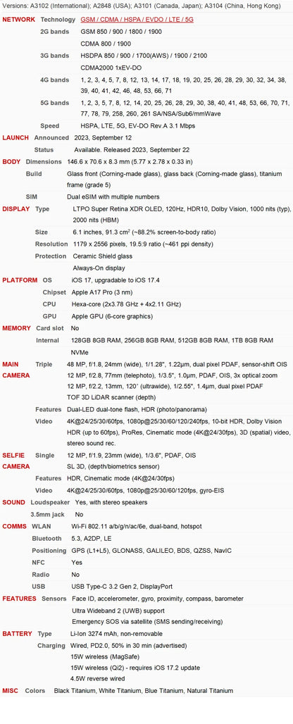 100% original iphone 15 pro duplo esim 5g telefone celular 6.1 "genuíno ltpo super retina xdr oled 128/256gb 8gb face id nfc a17pro