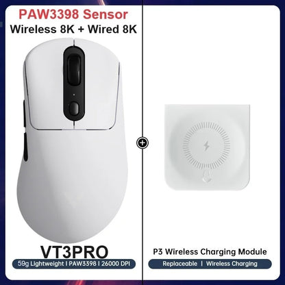 Rapoo vt3pro mouse para jogos sem fio 59g superleve 8khz taxa de pesquisa 26000 dpi paw3398 sensor óptico final longa vida útil da bateria