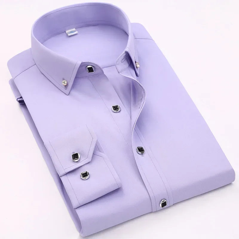 Qualidade de luxo masculino diamante botão sólido vestido camisa casual padrão-ajuste confortável macio camisa de manga longa roupas masculinas