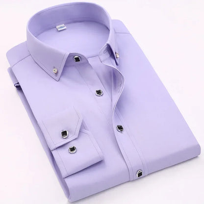 Qualidade de luxo masculino diamante botão sólido vestido camisa casual padrão-ajuste confortável macio camisa de manga longa roupas masculinas