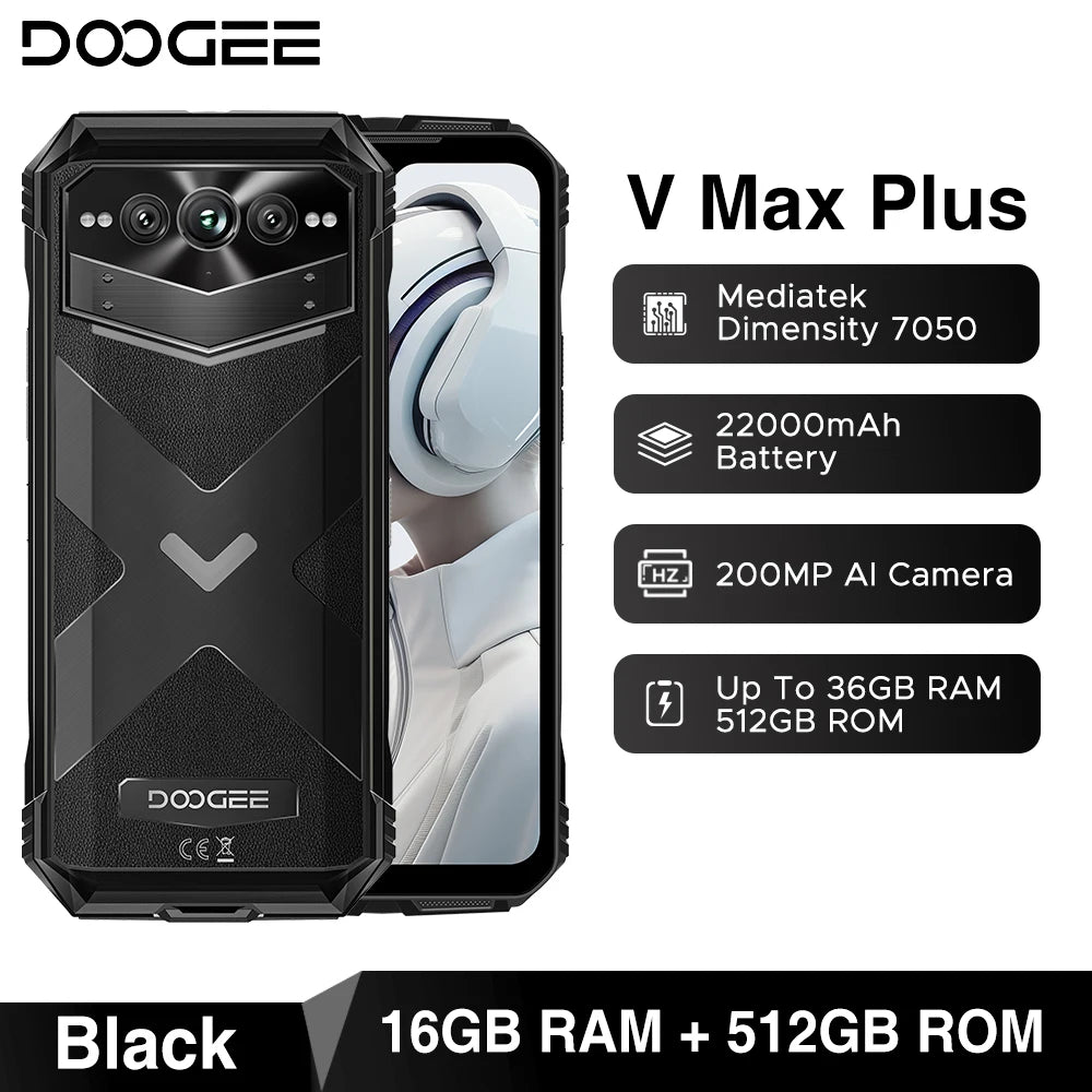 Estreia mundial doogee v max plus telefone robusto 22000mah 36gb (16 +20) 512gb 200mp câmera telefone 6.58 "120hz dimensão 7050 android14