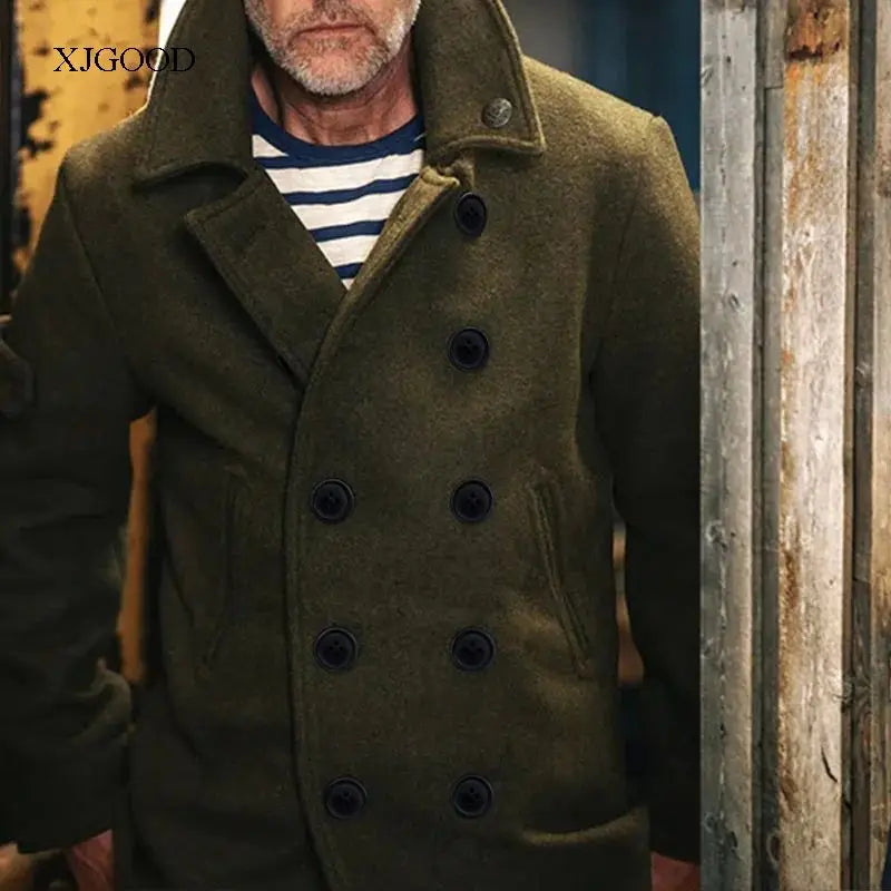 Casaco de lã masculino de cor pura com gola aboa, manga curta e decote em V para jovens no outono.