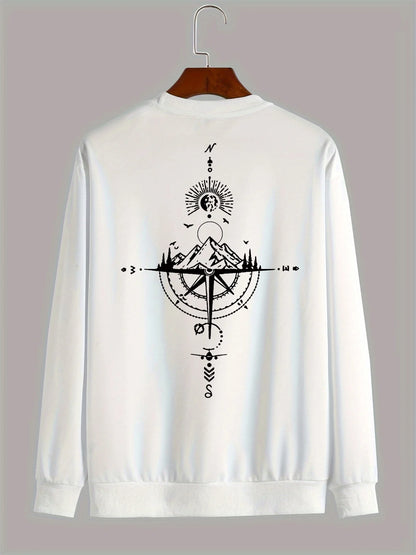 Outono e inverno masculino moda casual solto montanha e bússola impressão gráfica manga comprida em torno do pescoço moletom