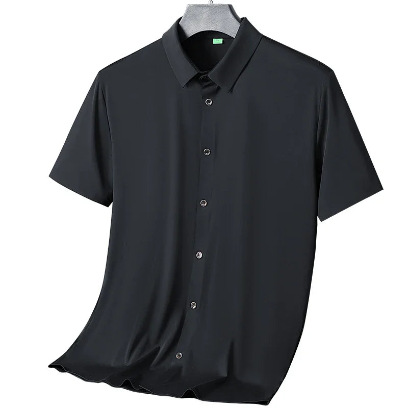 Nova alta qualidade de seda gelo negócios masculinos casual camisa de manga curta verão ultra-fino respirável esportes ao ar livre cor sólida topo