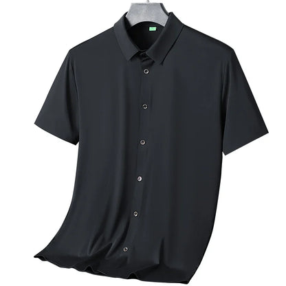 Nova alta qualidade de seda gelo negócios masculinos casual camisa de manga curta verão ultra-fino respirável esportes ao ar livre cor sólida topo