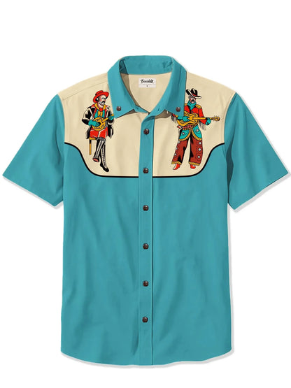 Camisa masculina de manga curta estilo cowboy ocidental, confortável, respirável, verão, arte, botão, camisas havaianas divertidas