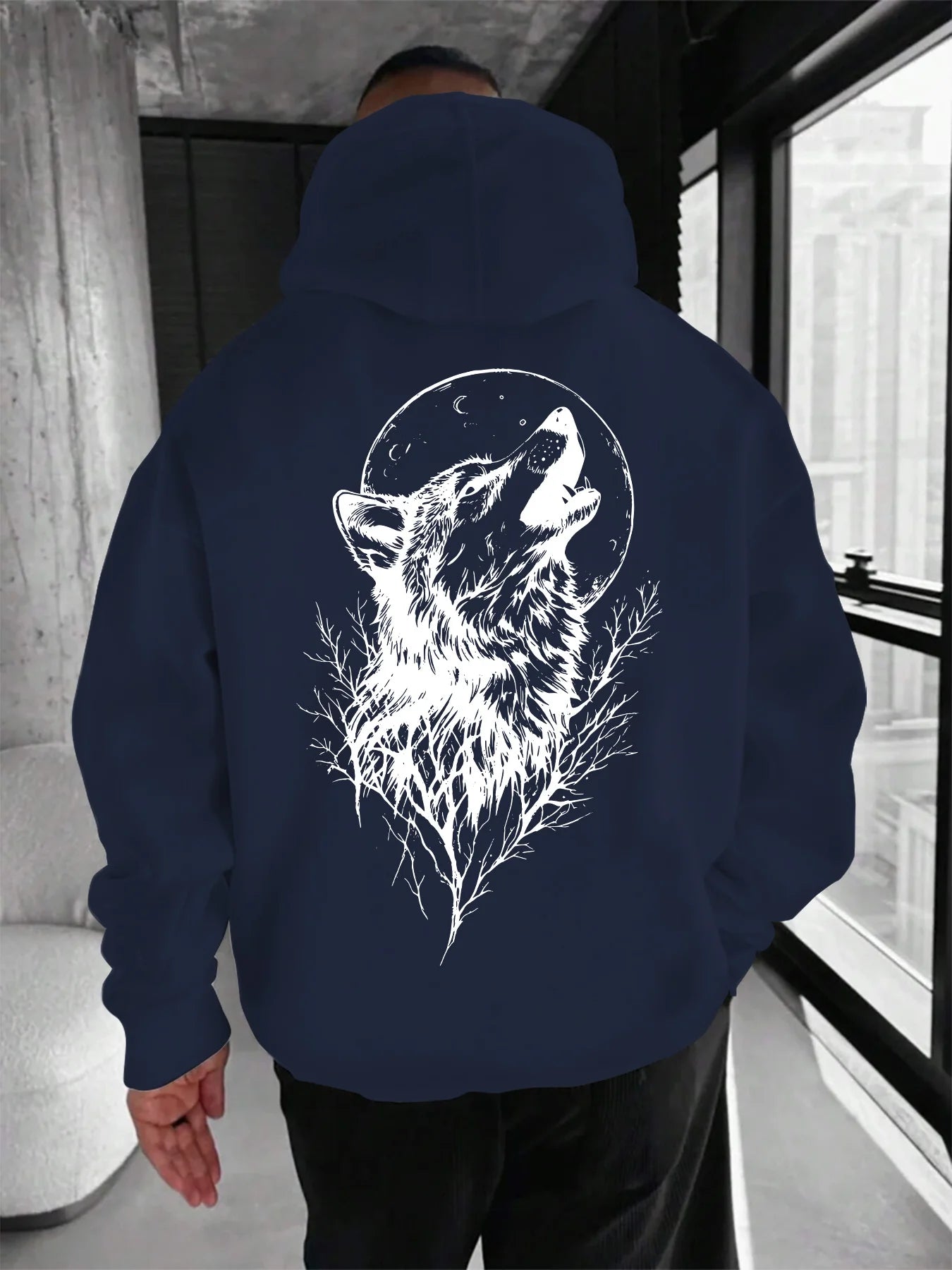 Estampa de cabeça de lobo, roupas confortáveis, casuais e elegantes, moletom com capuz personalizado de outono e inverno masculino