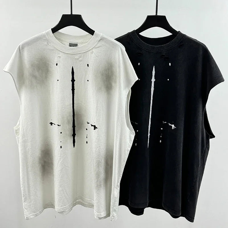 Crânio vermelho impressão de dedo buraco danificado saint tanque t das mulheres dos homens streetwear colete de grandes dimensões vintage washe preto sem mangas t camisa