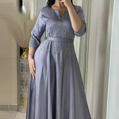 Vestido muçulmano de cetim para mulheres, Abaya Dubai, roupão de jantar, roupas diamantadas, moda