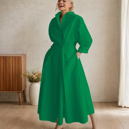 Vestido de manga comprida monocromática feminino, vestido de escritório, vestidos longos femininos, cintura alta, elegante, feriado, festa, moda