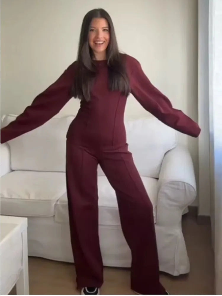 Mulher casual sólido conjunto de duas peças moda o pescoço mangas compridas magro topos calças de perna larga ternos outono inverno senhora roupa de escritório