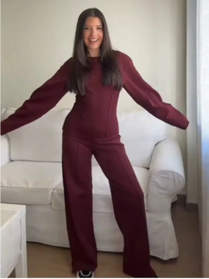 Mulher casual sólido conjunto de duas peças moda o pescoço mangas compridas magro topos calças de perna larga ternos outono inverno senhora roupa de escritório