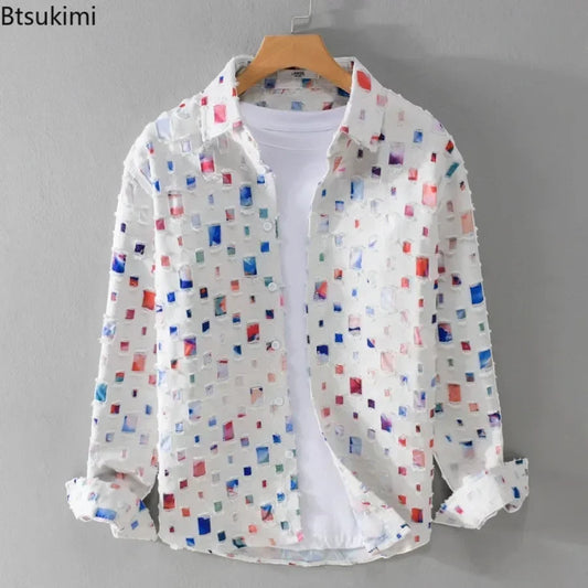 2026 novo masculino xadrez cor contrastante buraco camisa casacos vintage 100% algodão de manga comprida solta blusa casual moda roupas masculinas