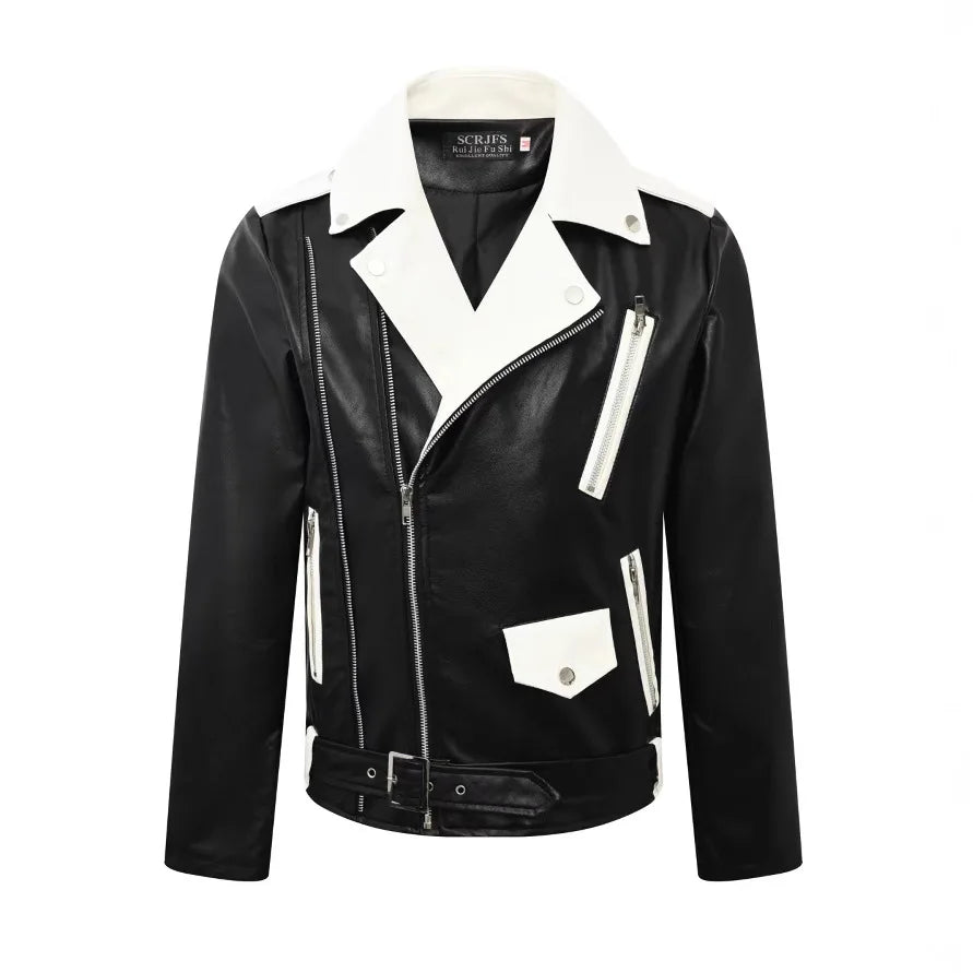 2025 masculino novo bonito, novo zíper oblíquo, jaqueta de couro PU locomotiva combinando com cores casuais