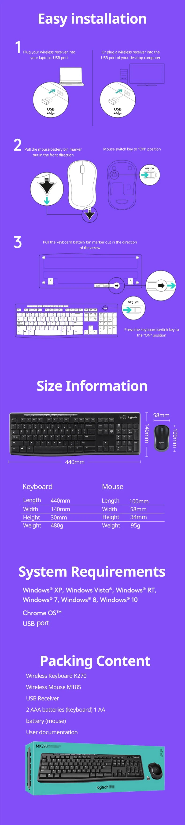 Logitech-mk270 teclado e mouse sem fio para laptop, tamanho completo, com receptor 2.4g