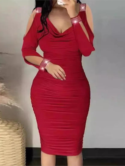 Moda elegante vestido para mulheres sexy bodycon pacote hip fora do ombro manga longa vestidos de festa verão com decote em v novas roupas femininas
