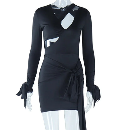 Elegante vestido de manga comprida bodycon feminino, Oco Out, Com Renda, Sem Costas, Atadura, Preto, Branco, Clube, Festa