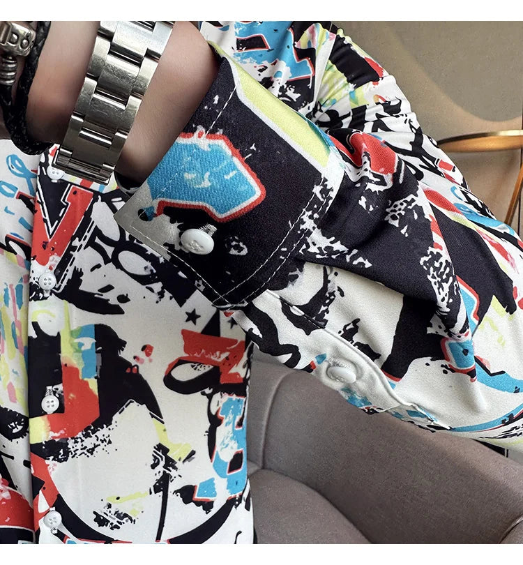 Camisa Coreana Estampada Masculina, Manga Comprida, Fina, Vestido, Festa, Negócios, Social, Boutique, Luxo, Primavera, Outono, 6XL