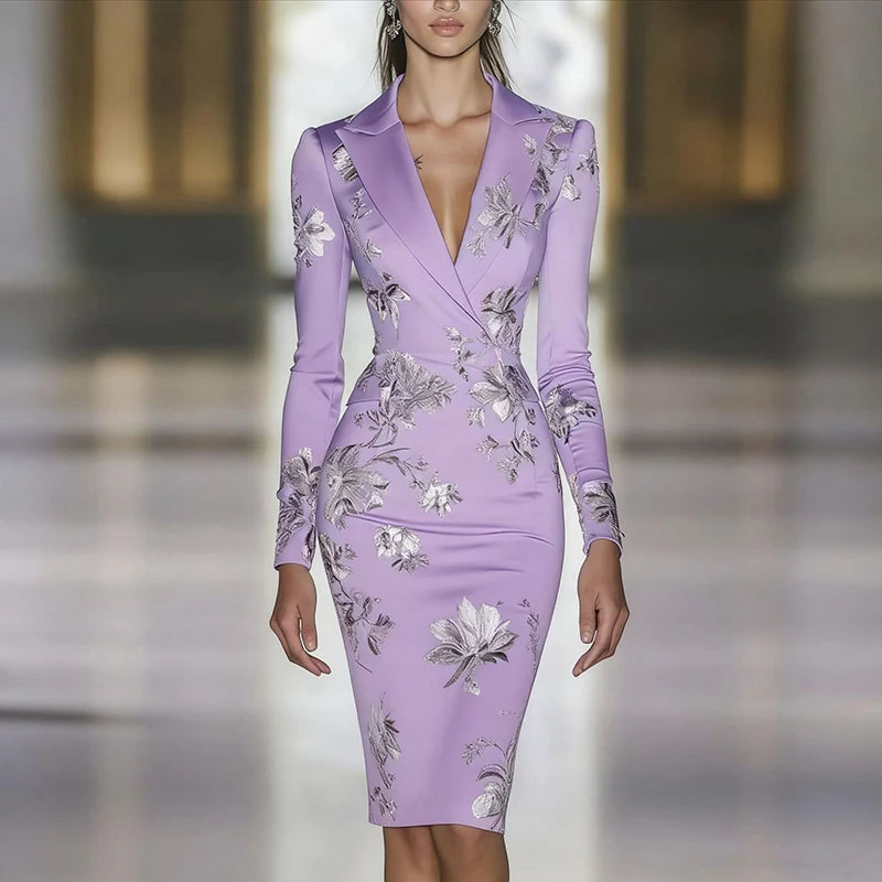 Mulher roupas vestidos 2025 primavera floral impressão bodycon elegante vestido de noite outono manga longa turn-down colarinho vestidos de viagem