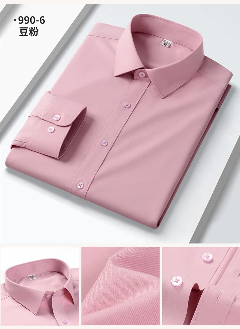 Camisa elástica anti-rugas masculina, manga comprida, slim fit, blusa social e de negócios, vestido branco, qualidade