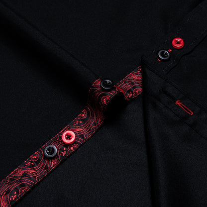 DiBanGu Camisa Masculina de Manga Longa Preto Sólido Vermelho Paisley Cor Contraste Moda Vestido Camisa para Homens Gola Botão para baixo Roupas Masculinas