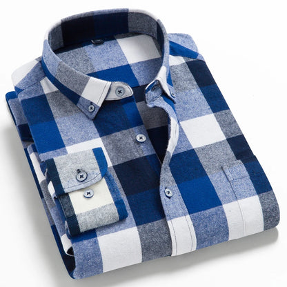 Moda masculina casual xadrez escovado camisa de manga longa, confortável 100% algodão botão para baixo fino ajuste grosso flanela camisas de outono