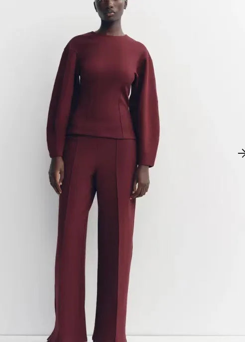 Mulher casual sólido conjunto de duas peças moda o pescoço mangas compridas magro topos calças de perna larga ternos outono inverno senhora roupa de escritório