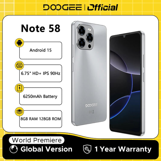 Versão global doogee note 58 8gb ram 128gb rom 6.75 "hd + 90hz tela ips 6250mah bateria grande nfc android 15 smartphone