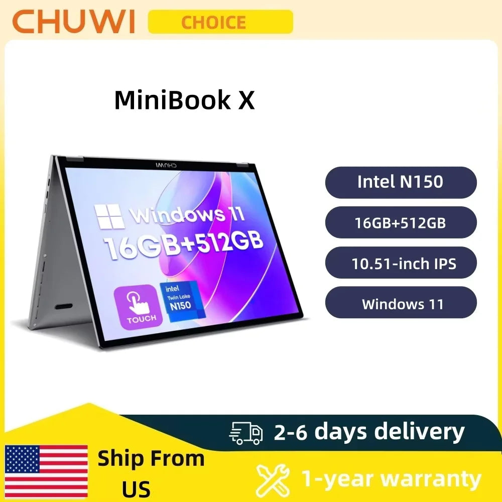 CHUWI MiniBook X 2 em 1 Laptop Intel N150 (até 3,6 GHz) 512 GB de ROM 16 GB LPDDR5 10,51 "1200x1920 FHD IPS Windows 11 Notebook