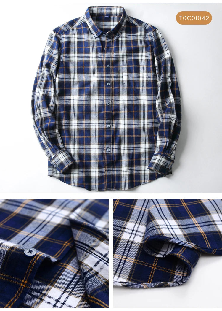 Moda masculina casual xadrez escovado camisa de manga longa, confortável 100% algodão botão para baixo fino ajuste grosso flanela camisas de outono