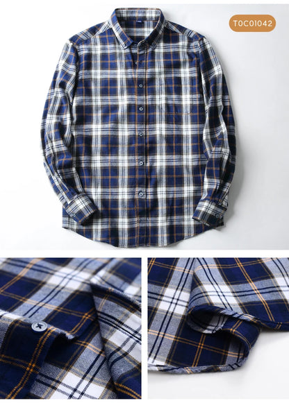 Moda masculina casual xadrez escovado camisa de manga longa, confortável 100% algodão botão para baixo fino ajuste grosso flanela camisas de outono