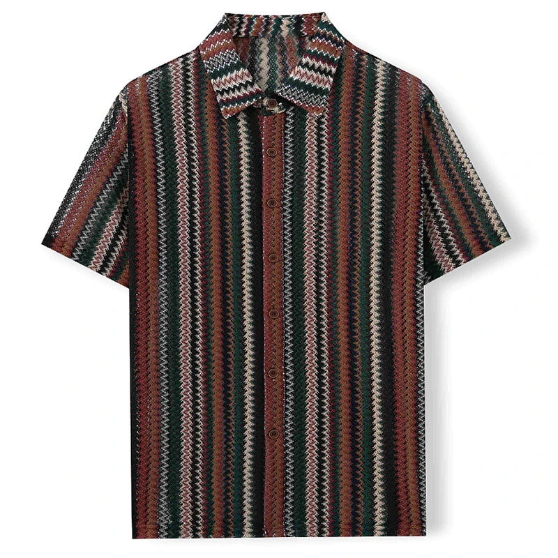 Novo étnico listrado masculino cardigan topos chique oco para fora manga curta casual camisa de renda moda streetwear premium blusa respirável