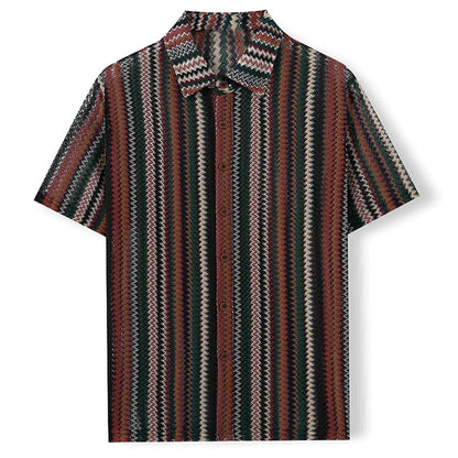 Novo étnico listrado masculino cardigan topos chique oco para fora manga curta casual camisa de renda moda streetwear premium blusa respirável