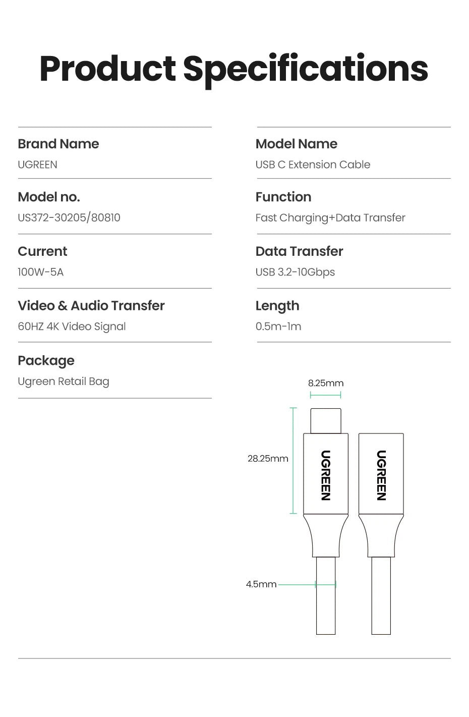Ugreen usb c cabo de extensão tipo c cabo extensor USB-C thunderbolt 3 para xiaomi nintendo interruptor usb 3.1 cabo de extensão usb