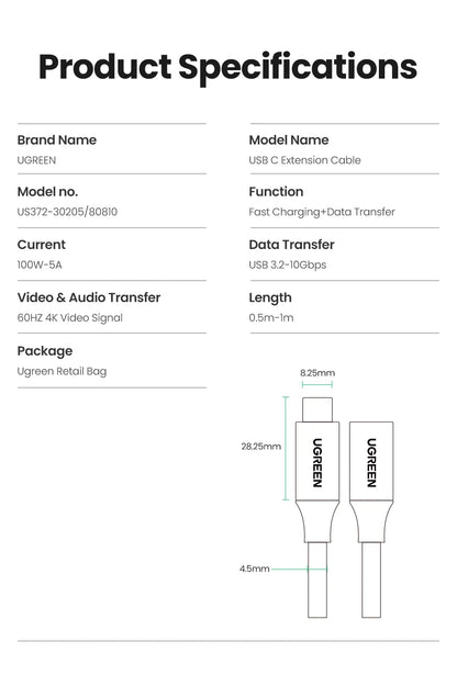 Ugreen usb c cabo de extensão tipo c cabo extensor USB-C thunderbolt 3 para xiaomi nintendo interruptor usb 3.1 cabo de extensão usb