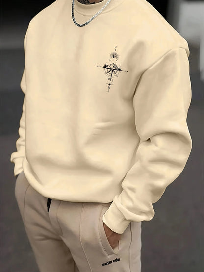 Outono e inverno masculino moda casual solto montanha e bússola impressão gráfica manga comprida em torno do pescoço moletom
