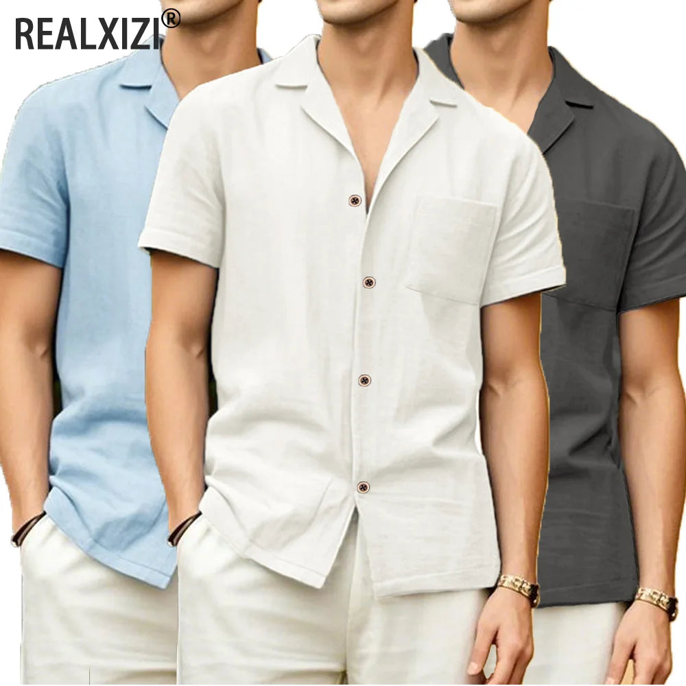 Camisas masculinas de manga curta verão cor sólida respirável solto camisas casuais praia férias estilo masculino topos camisetas