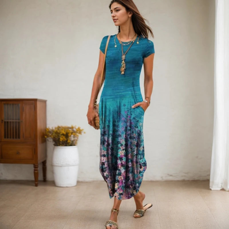 Vestidos de festa de verão novo casual moda impresso vestidos de bolso vintage floral impressão manga curta vestidos arty para mulher