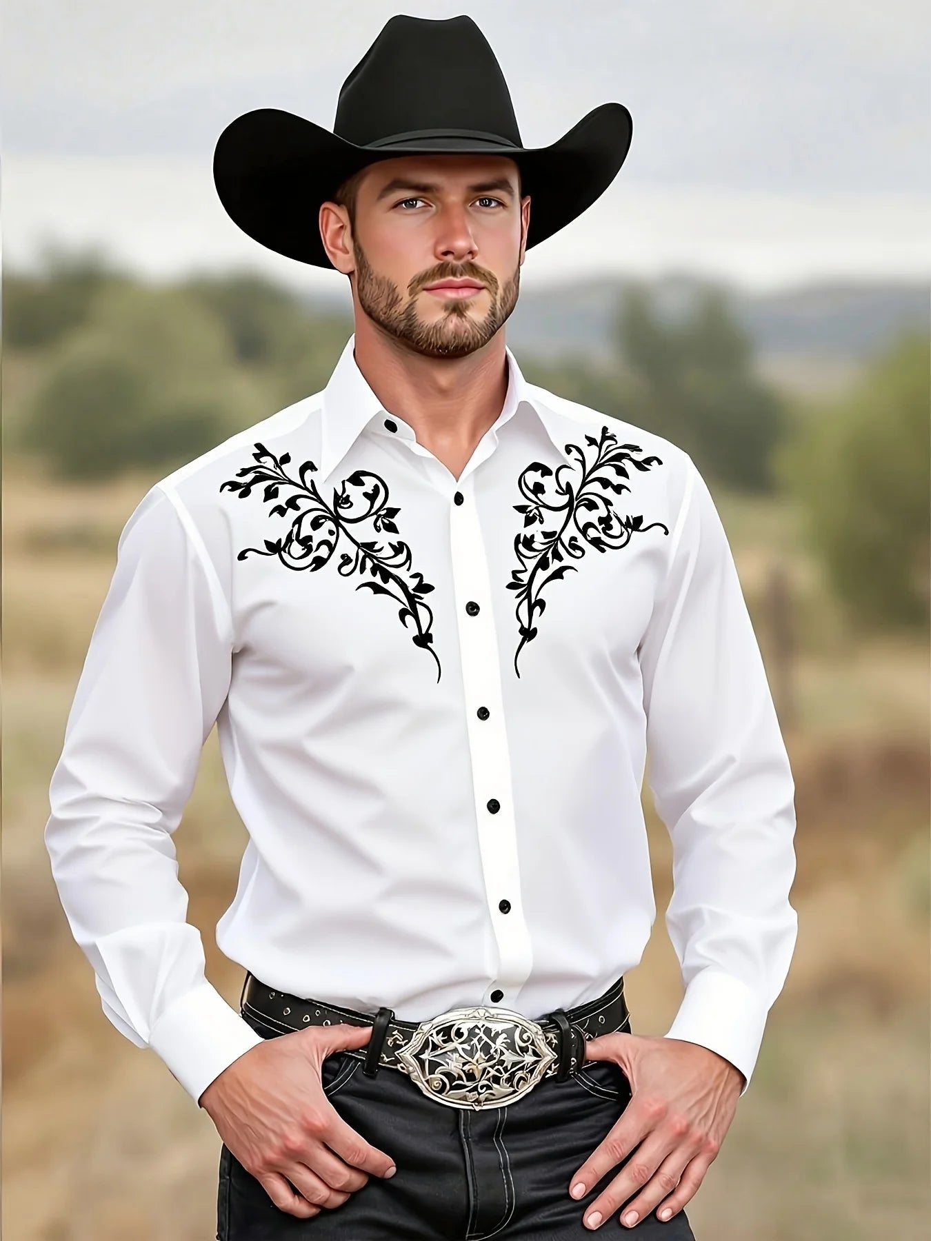 2025 masculino padrão tribal manga longa preto ocidental cowboy camisa ocidental evento traje elegante camisa masculina fino ajuste camisa