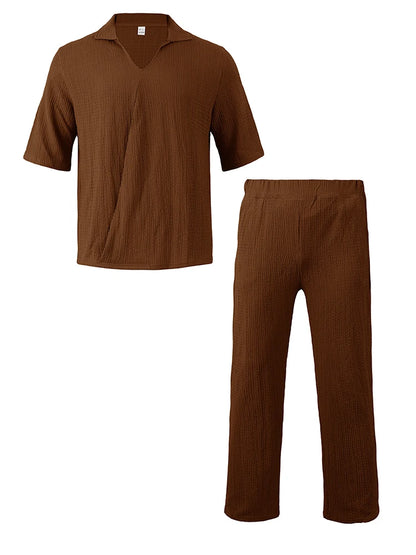 Moda verão roupas texturizadas para homens casual respirável camisa e calças duas peças define lazer masculino ternos de cor sólida