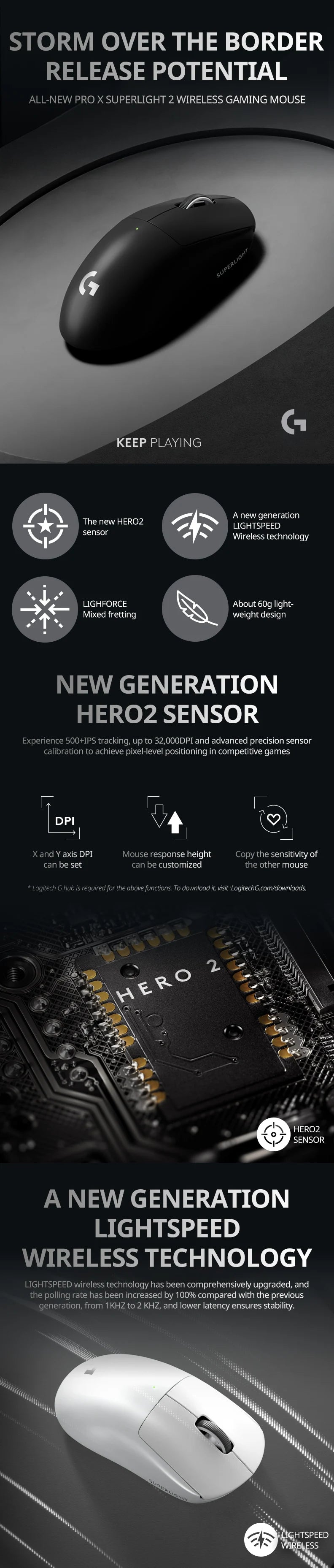 Mouse para jogos sem fio Logitech G PRO X SUPERLIGHT 2, mouse de nível profissional de 60 g com 5 botões programáveis, sensor DPI de 44k, rep de 8 kHz