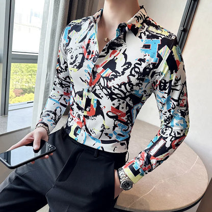Camisa Coreana Estampada Masculina, Manga Comprida, Fina, Vestido, Festa, Negócios, Social, Boutique, Luxo, Primavera, Outono, 6XL